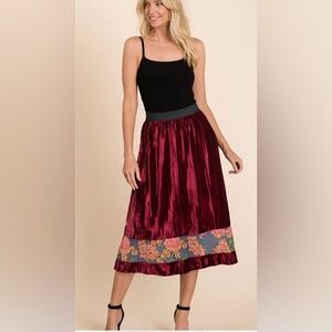 Deep burgundy/wine, maxi skirt /black elastic waist band/distress flower print